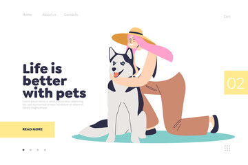 Life with pet concept of landing page with happy woman embracing dog