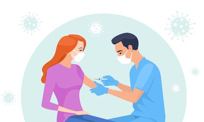 Doctor vaccinating the girl. Vector illustration about covid-19 vaccine.  Corona vaccine arrived in 2021