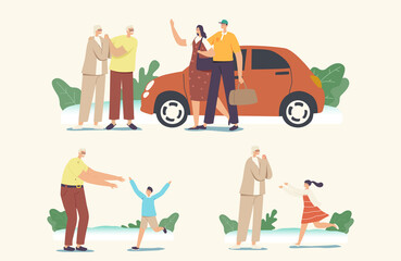 Fototapeta premium Set People Visit Grandparents. Parents Bring Children on Summer Vacation to Granny Home. Kid Running to Meet Grandmother