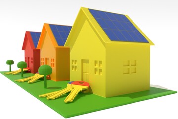 3D illustration. House model and a big key