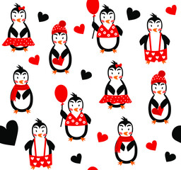 Cute childish seamless pattern of penguins and hearts on a white background. 