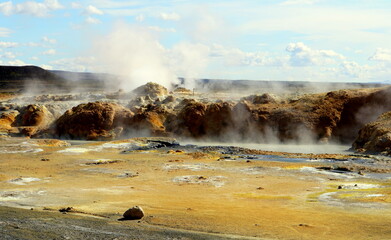 The view of smoking ground at Namafjall Hverir geothermal area near Lake Myvatn, Iceland