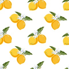 Vector illustration of line art drawing with abstract shape. Yellow lemon vector. Bright summer lemon fruit seamless pattern background with flowers, leaves and blossoms. A fruit high in vitamin C. 