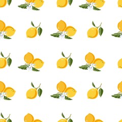 Vector illustration of line art drawing with abstract shape. Yellow lemon vector. Bright summer lemon fruit seamless pattern background with flowers, leaves and blossoms. A fruit high in vitamin C. 
