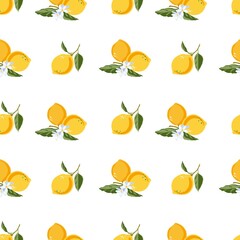 Vector illustration of line art drawing with abstract shape. Yellow lemon vector. Bright summer lemon fruit seamless pattern background with flowers, leaves and blossoms. A fruit high in vitamin C. 