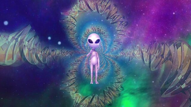Funny alien waving. DNA strands on background