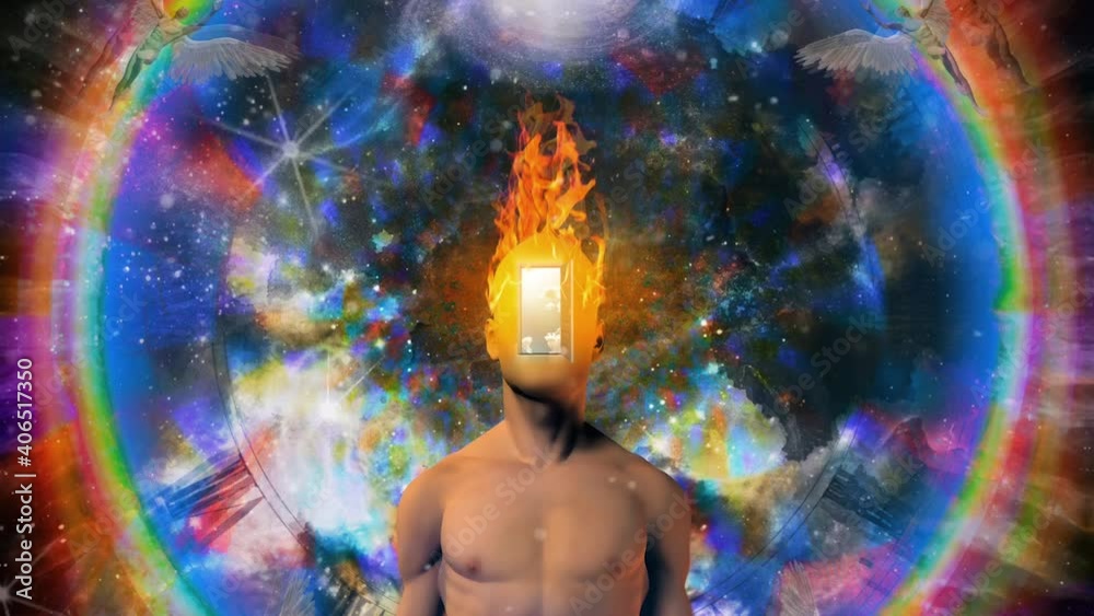 Poster Surreal art. Man with door in burning face. Angels flies around