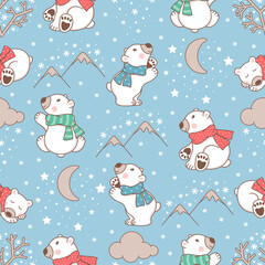 Seamless pattern with snowflakes, clouds, moon and cute polar bears. Vector illustration.