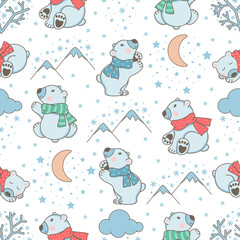 Fototapeta premium Seamless pattern with snowflakes, clouds, moon and cute polar bears. Vector illustration.