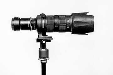 Black telephoto 200mm lens with duplicator and mount adapter