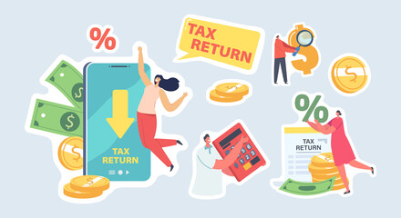 Tax Return Stickers Set. Happy Male and Female Characters Getting Money Refund on Smartphone for Purchasing or Shopping
