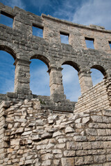 Limestone columns of coliseum in Pula， Croatia.