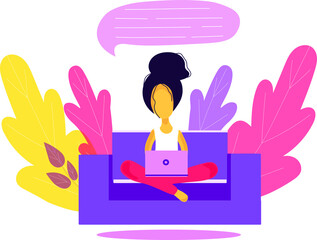 Girl freelancer works at home on the couch with a laptop. Content manager. Free schedule.
