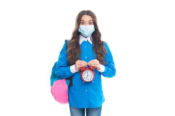 Shortened quarantine period. Surprised kid hold alarm clock. Coronavirus incubation period