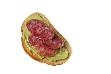 Sandwich with salami and avocado  isolated on white background.