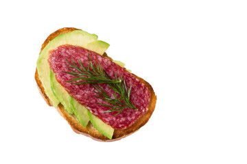 Sandwich with salami, avocado and dill isolated on white background.