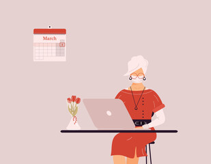 March 8 International Women`s Day.Cute blonde woman in protective medical mask work on laptop.Vase with tulips on desk.Smart lady trainer,coach or accountant on webinar or workshop.Vector