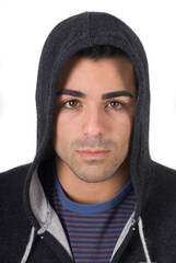 young attractive college boy with his sweatshirt on white background