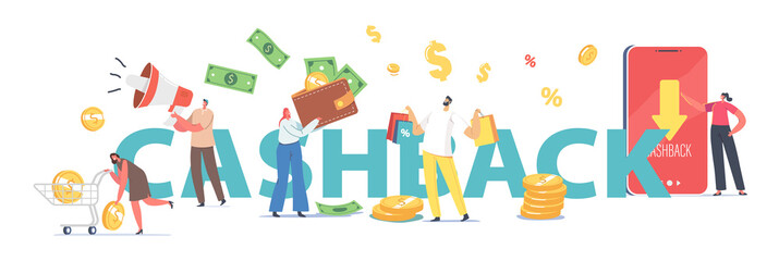 Cash Back Concept. Happy People Getting Money Refund for Shopping in Store. Male and Female Characters Use Cashback