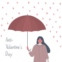 Anti-Valentine's Day illustration. Young woman with a displeased face stands under an umbrella. The girl does not want to celebrate the holiday and hides from valentine hearts. Vector illustration.