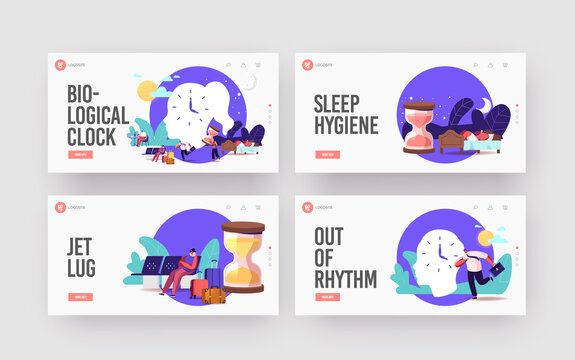 Biological Clock, Jet Lag Landing Page Template Set. Characters Follow Body Rhythm, Traveler in Airport, Late at Work