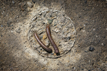 metal sheets inside a tube stuck in the ground, rough