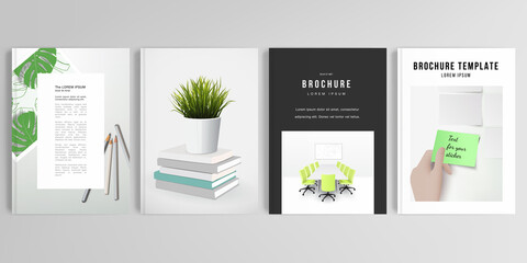 Realistic vector layouts of cover mockup design templates in A4 format for brochure, cover design, flyer, book design, magazine, poster. Home office concept, study or freelance, working from home.
