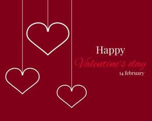 Vector symbols of love in shape of heart for Happy Valentine's day greeting card design. Postcard dedicated to Valentine's Day with three hearts on a red background.