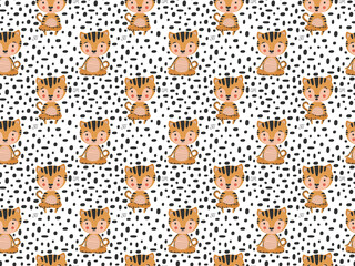 Childish seamless pattern of cute characters tiger cubs in yoga asanas, easy Sukhasana pose, and Kukkutasana rooster pose, "OM" letters, and abstract black spots on a white background. Vector.