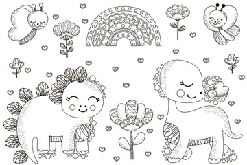 Cute black and white childish girly summer set of smiling baby dinosaurs brontosaurus and stegosaurus, butterflies, rainbow, abstract flowers. Outline clipart for coloring. Scandinavian style. Vector.