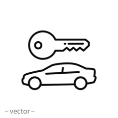 rental car icon, service rent vehicle, hire auto, thin line symbol on white background - editable stroke vector illustration eps10