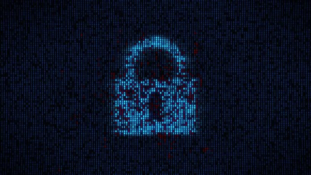 Digital futuristic binary code security lock is hacked changing from blue to red in a data breach