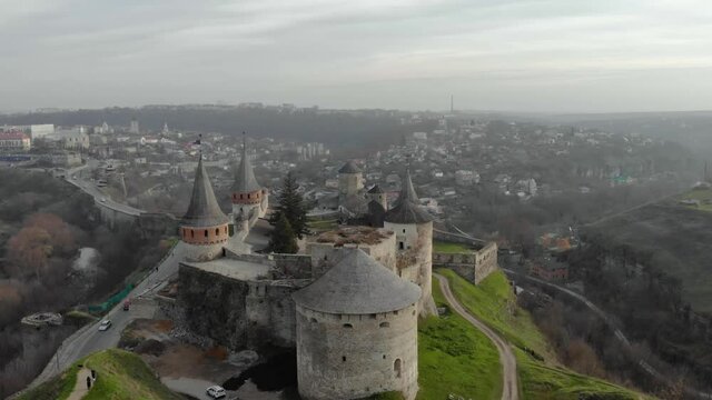 Aerial view of Fortress Castle at SUnrise in historic city of Kamianets-Podilskyi, Ukraine.