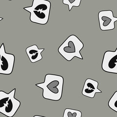 Seamless pattern with hand drawn speech and thought bubbles. Doodle design with hearts