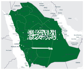 Abstract vector color map of Saudi Arabia country coloured by national flag