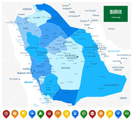 Saudi Arabia Map Administrative Divisions Blue Colors and Colored Map Icons