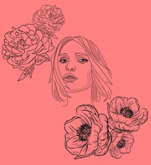 Young woman face and flowers line drawing 