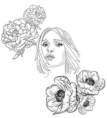 Young woman face and flowers line drawing