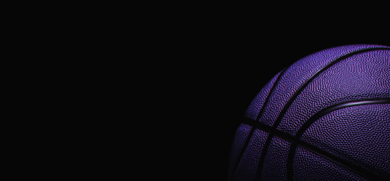 Closeup detail of blue basketball ball texture background. Blue neon and hologram banner Art. Team sport concept