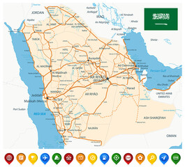 Obraz premium Saudi Arabia Road Map and Colored Map Icons