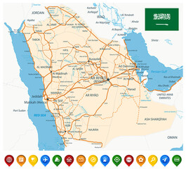 Saudi Arabia Road Map and Colored Map Icons