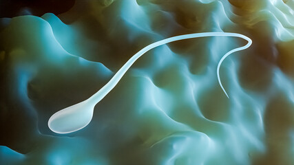 Close-up of a sperm or male gamete trying to enter an ovum or egg cell or female gamete microscopic 3D rendering illustration. Biological reproduction biology, science, life, microbiology concepts.