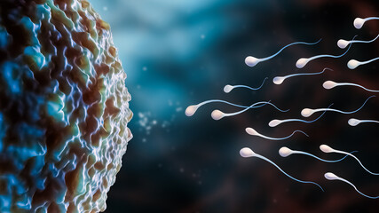 Group of sperm cells or gametes trying to enter in an ovum in order to fertilize it microscopic 3D rendering illustration. Biological reproduction, biology, microbiology, life, science concepts.