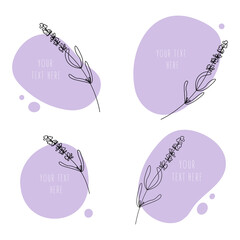 Abstract line art leaf. Lavander contour drawing. Set of minimal art leaf on abstract shapes backgroud. Modern minimal black and white botanical illustration. Background template with space for text.