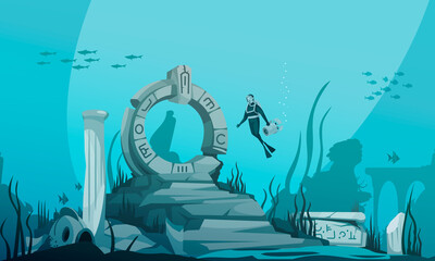 Sunken Atlantis Cartoon Poster - obrazy, fototapety, plakaty
