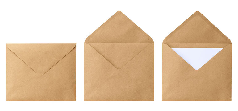 Brown envelope front with card inside isolated on white background. Letter top view. Object with clipping path