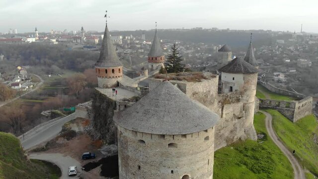 Aerial view of Fortress Castle at SUnrise in historic city of Kamianets-Podilskyi, Ukraine.
