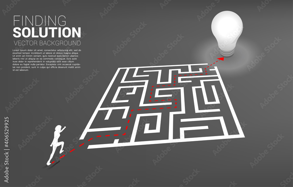 Poster Silhouette of businessman running on path to exit the maze to light bulb. Business concept for problem solving and finding idea.