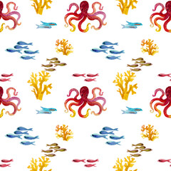 Watercolor hand drawn seamless pattern with octopus in red color with spots. Red color octopus tentacles. Animal in cartoon style. Design for covers, backgrounds, decorations.