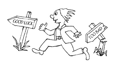 Purposeful person runs from failure to success. Monochrome illustration